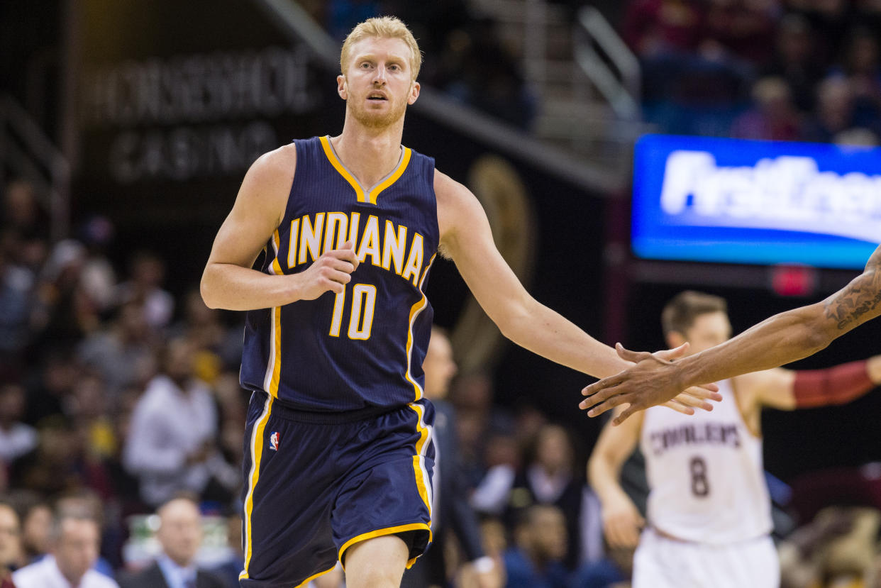 CLEVELAND, OH - FEBRUARY 29: Chase Budinger #10 of the Indiana Pacers runs down the court during the second half against the Cleveland Cavaliers at Quicken Loans Arena on February 29, 2016 in Cleveland, Ohio. The Cavaliers defeated the Pacers 100-96. NOTE TO USER: User expressly acknowledges and agrees that, by downloading and/or using this photograph, user is consenting to the terms and conditions of the Getty Images License Agreement. Mandatory copyright notice. (Photo by Jason Miller/Getty Images)