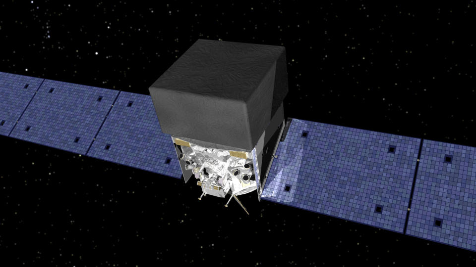 An artist's concept of the Fermi Gamma-ray Space Telescope in space.