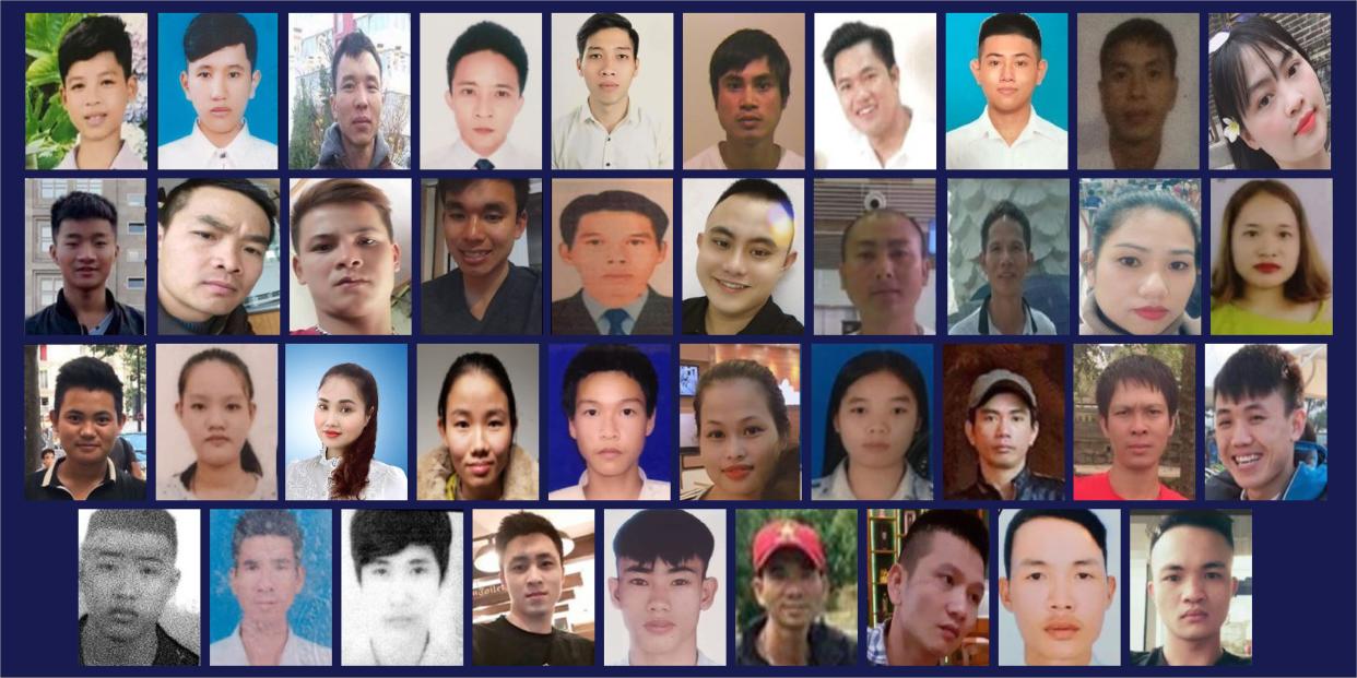 A handout combination photo released by Essex Police in London on January 22, 2021, shows the 39 Vietnamese victims of a people smuggling plot, all found dead in the back of a lorry in 2019. 