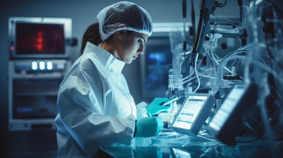 A biomedical technician testing and calibrating medical equipment to be deployed.