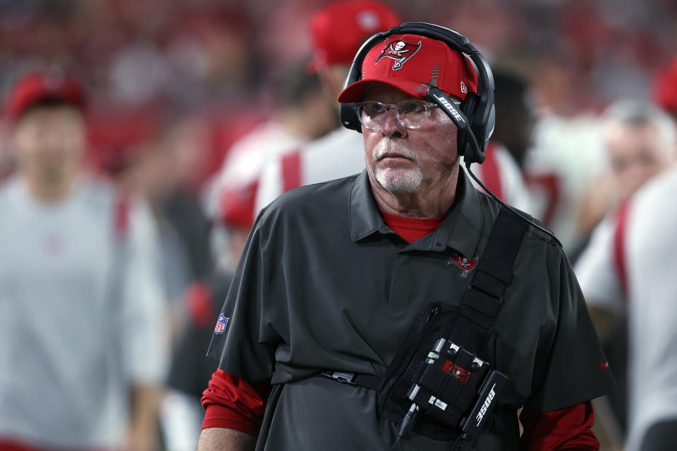 FILE - Tampa Bay Buccaneers coach Bruce Arians watches play against the Carolina Panthers during the second half of an NFL football game Jan. 9, 2022, in Tampa, Fla. Arians has decided to retire as coach of the Buccaneers and move into a front-office role with the team, it was announced Wednesday night, March 30. Arians, who will turn 70 this coming season, coached the Bucs to the Super Bowl title in the 2020 season — Tom Brady’s first with Tampa Bay. (AP Photo/Mark LoMoglio, File)