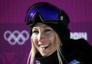 New Zealand's Christy Prior reacts at the finish line during the women's snowboard slopestyle qualifying session at the 2014 Sochi Olympic Games in Rosa Khutor February 6, 2014. REUTERS/Mike Blake (RUSSIA - Tags: OLYMPICS SPORT SNOWBOARDING)