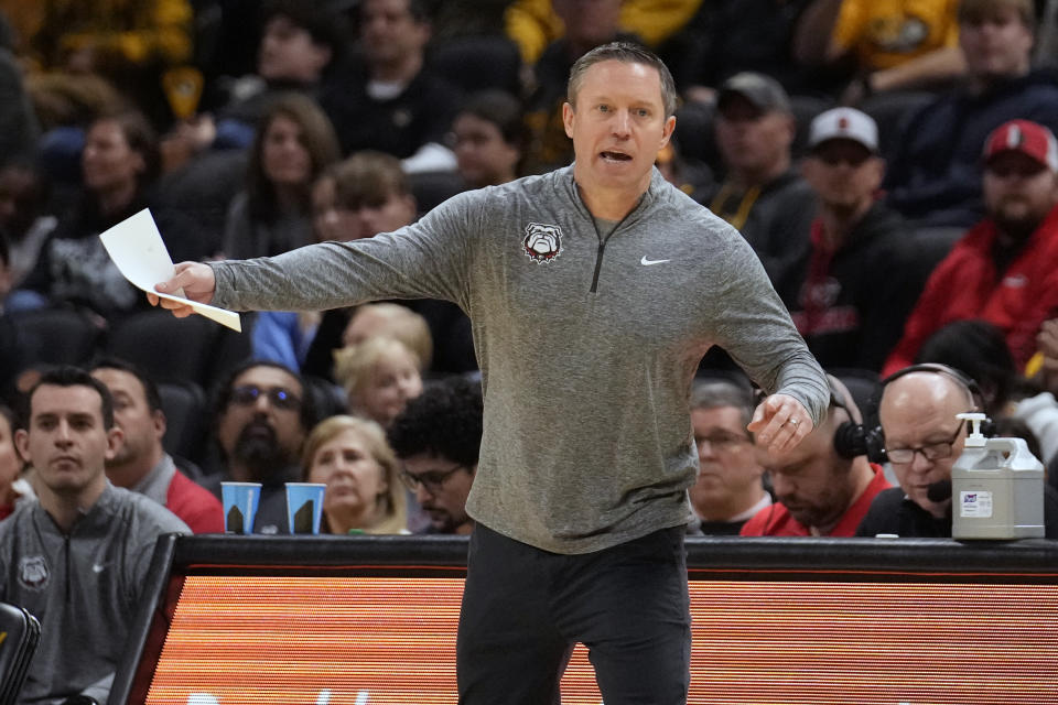 Georgia head coach Mike White is seen on the sidelines during the second half of an NCAA college basketball game against Missouri Saturday, Jan. 6, 2024, in Columbia, Mo. Georgia won 75-68. (AP Photo/Jeff Roberson)