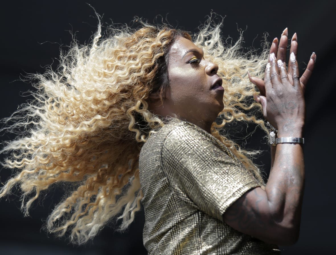 FILE – Big Freedia performs on the Congo Square Stage during Jazz Fest at the Fair Grounds in New Orleans, April 28, 2018. Big Feedia, among other headliners, will perform at the opening of the New Orleans Jazz & Heritage Festival on Friday, April 28, 2023. (Brett Duke/The Times-Picayune/The New Orleans Advocate via AP, File)