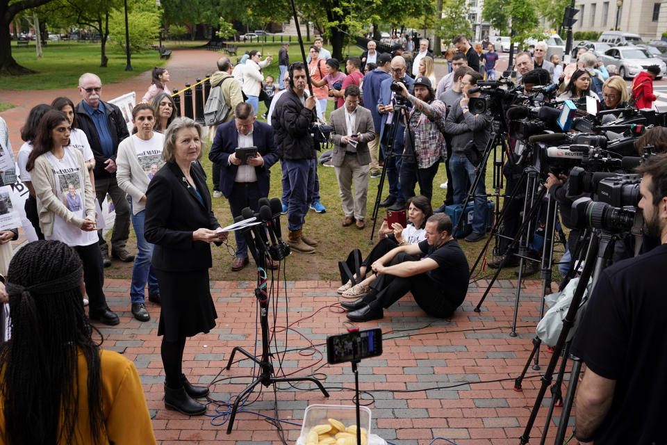 Elizabeth Whelan, sister of U.S. Marine Corps veteran and Russian prisoner Paul Whelan, speaks at a news conference alongside families of Americans currently being held hostage or wrongfully detained overseas in Lafayette Park near the White House, Wednesday, May 4, 2022, in Washington. (AP Photo/Patrick Semansky)