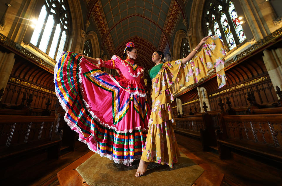 <p>Dancers from the Billingham Festival and Balbir Singh Dance Company, during a preview for the The Two Fridas, UK Summer tour, presented by Billingham International Folklore Festival of World Dance in collaboration with Balbir Singh Dance Company, inspired by the life and times of female artists Frida Kahlo and Amrita Sher-Gil , which opens on July 10 at Ushaw Historic House, Chapel and Gardens in Durham. Picture date: Wednesday June 30, 2021.</p>
