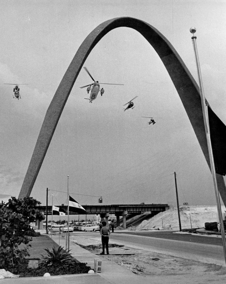 In 1965, some people decided the best way to watch the dedication of the new arch at Sunshine State Industrial Park was overhead in helicopters.