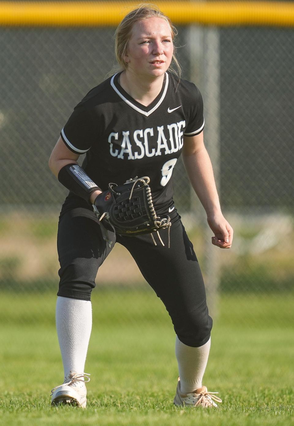 Cascade Cadets Gracelynn Gray (9) watches the ball during the game against the Tri-West Bruins on Friday, May 20, 2022, at Tri-West High School in Lizton. 
