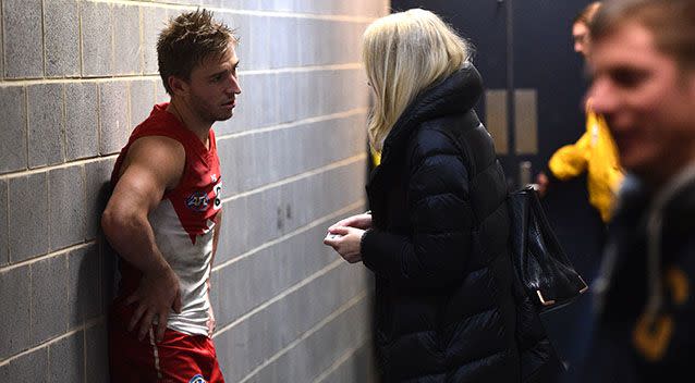 The couple seemed close in the changerooms after the game. Source: AAP Image/Julian Smith