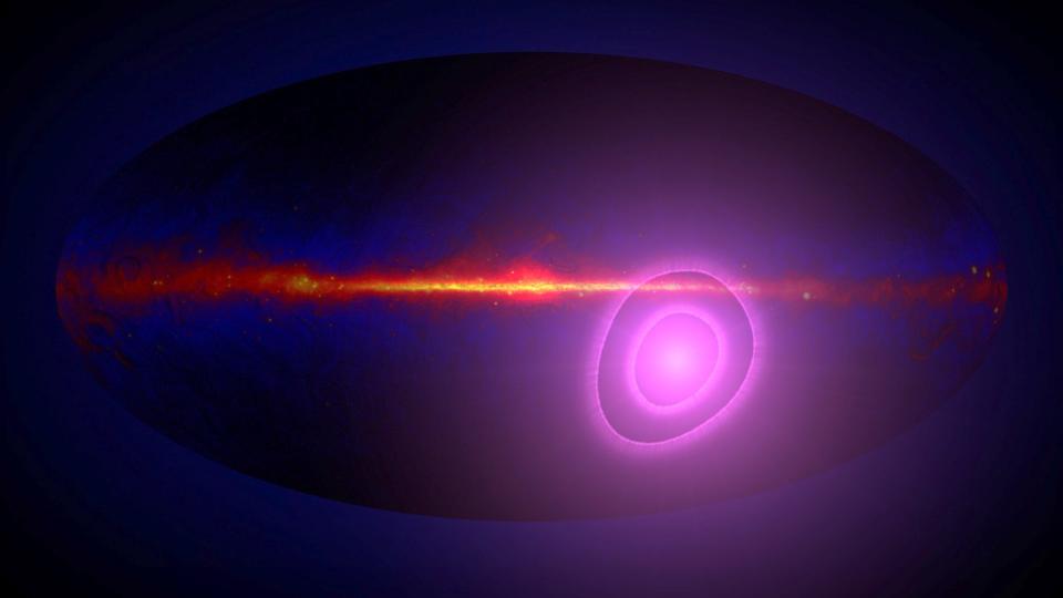 illustration of an oval shaped map of space with a faint orange line of the Milky Way across the center and a large purple blob in the lower center right