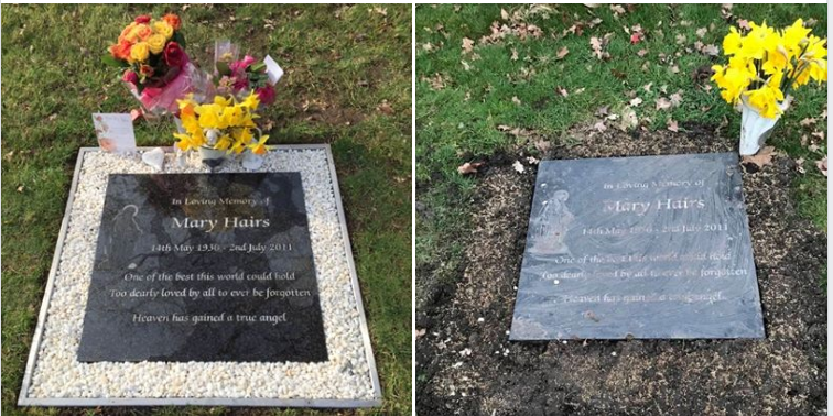 Before (left) and after (right). Council workers removed fresh flowers and ornamental borders on graves, citing health and safety regulations (Mary Crocker/Facebook)