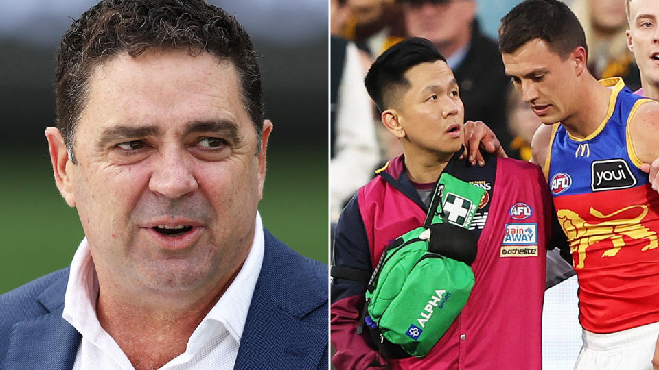 Garry Lyon is pictured left, with Brisbane Lions player Hugh McCluggage being taken from the ground by doctors on the right.