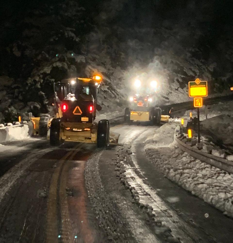 Caltrans crews have worked around the clock to clear roadways after a recent snow storm in the San Bernardino Mountains.