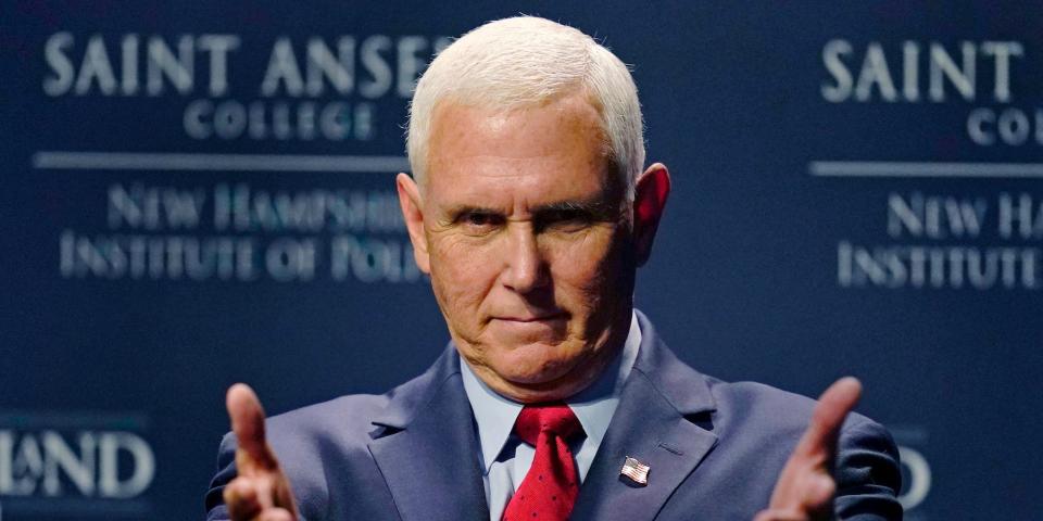 Former Vice President Mike Pence gestures during the "Politics and Eggs" breakfast gathering, Wednesday, Aug. 17, 2022, in Manchester, N.H.