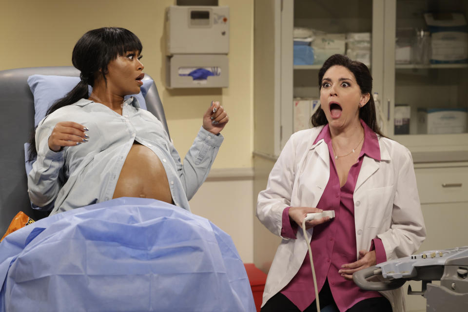 SATURDAY NIGHT LIVE — Keke Palmer, SZA Episode 1833 — Pictured: (l-r) Host Keke Palmer and Cecily Strong during the Ultrasound sketch on Saturday, December 3, 2022 — (Photo by: Will Heath/NBC via Getty Images)