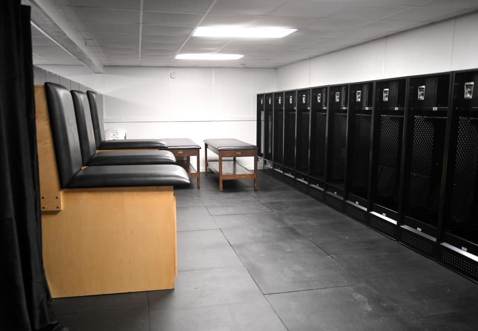 The player locker room in trailers in the east parking lot of Jones AT&T Stadium is shown on Friday. Visiting teams will use the temporary setup this season, and Texas Tech players and staff will use the compound during off-season conditioning and spring football.