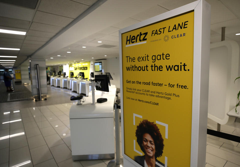 SAN FRANCISCO, CALIFORNIA - APRIL 30: A sign is posted in the entrance to the Hertz Rent-A-Car desk at San Francisco International Airport on April 30, 2020 in San Francisco, California. According to a report in the Wall Street Journal, car rental company Hertz is preparing to file for bankruptcy as the travel industry has come to a standstill due to the coronavirus (COVID-19) pandemic. (Photo by Justin Sullivan/Getty Images)