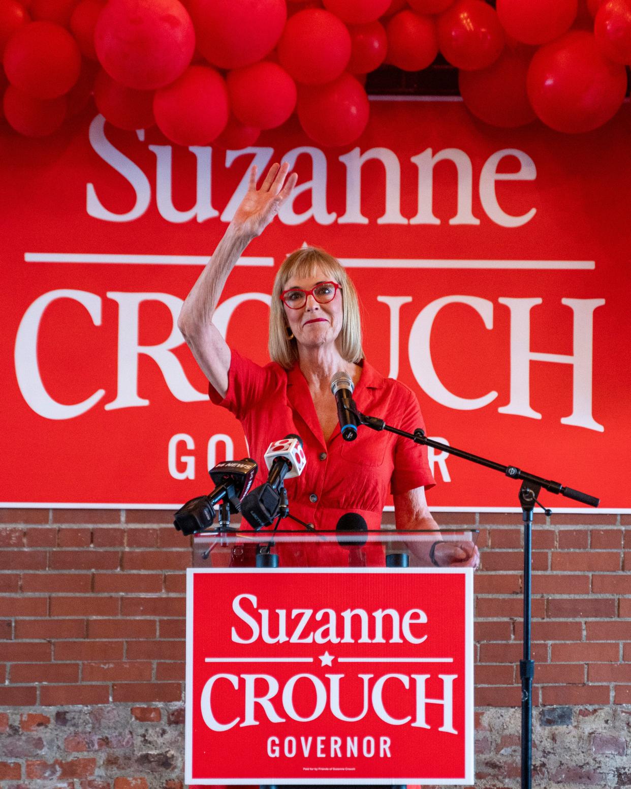 Indiana republican gubernatorial candidate Suzanne Crouch gives remarks conceding in the republican governor nomination to Mike Braun, May 7, 2024, at The Industry in Indianapolis, Indiana.