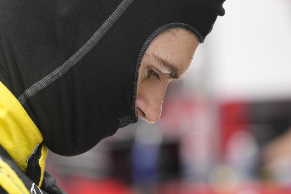 Colton Herta prepares to drive during practice for the IndyCar Grand Prix auto race at Indianapolis Motor Speedway, Friday, May 12, 2023, in Indianapolis. (AP Photo/Darron Cummings)