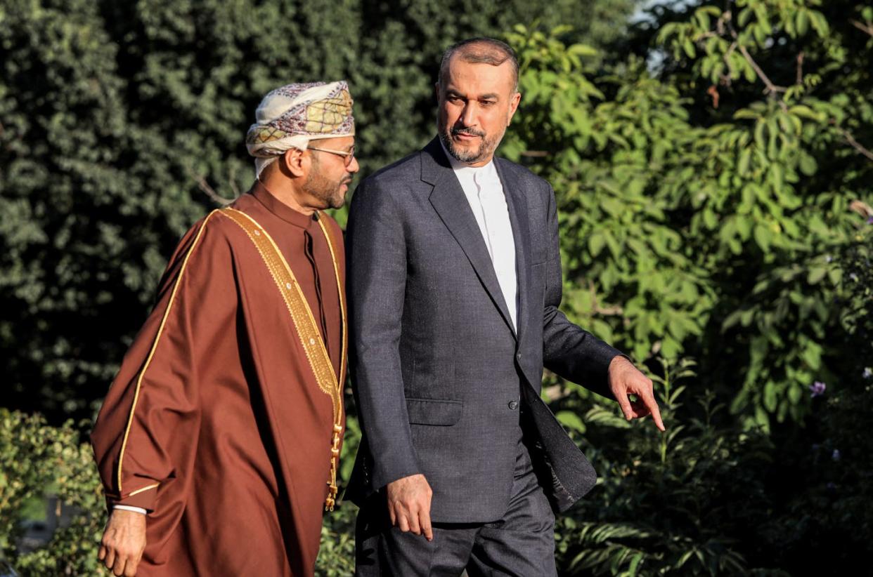 Iran's foreign minister, Hossein Amirabdollahian, meets his Omani counterpart, Sayyid Badr Albusaidi, in Tehran on July 17, 2023. <a href="https://www.gettyimages.com/detail/news-photo/irans-foreign-minister-hossein-amir-abdollahian-receives-news-photo/1538226224?adppopup=true" rel="nofollow noopener" target="_blank" data-ylk="slk:Atta Kenare/AFP via Getty Images;elm:context_link;itc:0;sec:content-canvas" class="link ">Atta Kenare/AFP via Getty Images</a>