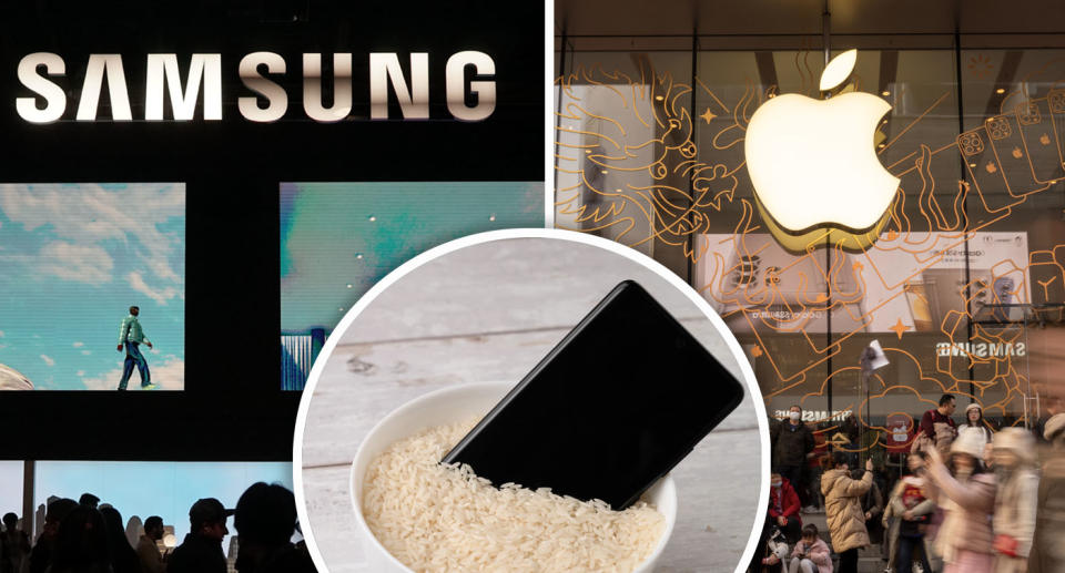 Samsung storefront, apple storefront and an inset of a smartphone in a bowl of white rice.