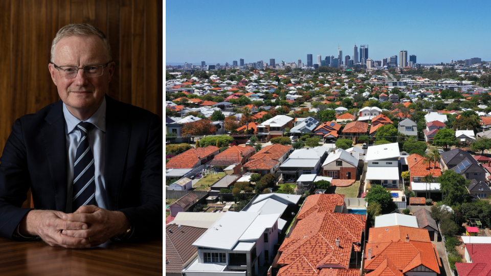 Composite image of RBA governor Philip Lowe, and an aerial view of houses with CBD in the background.