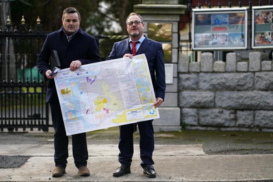 Brendan Byrne, left, CEO of the Irish Fish Processors and Exporters Association, and Patrick Murphy, CEO of the Irish South and West Fish Producers Organisation, outside the Russian embassy in Dublin (Brian Lawless/PA) (PA Wire)