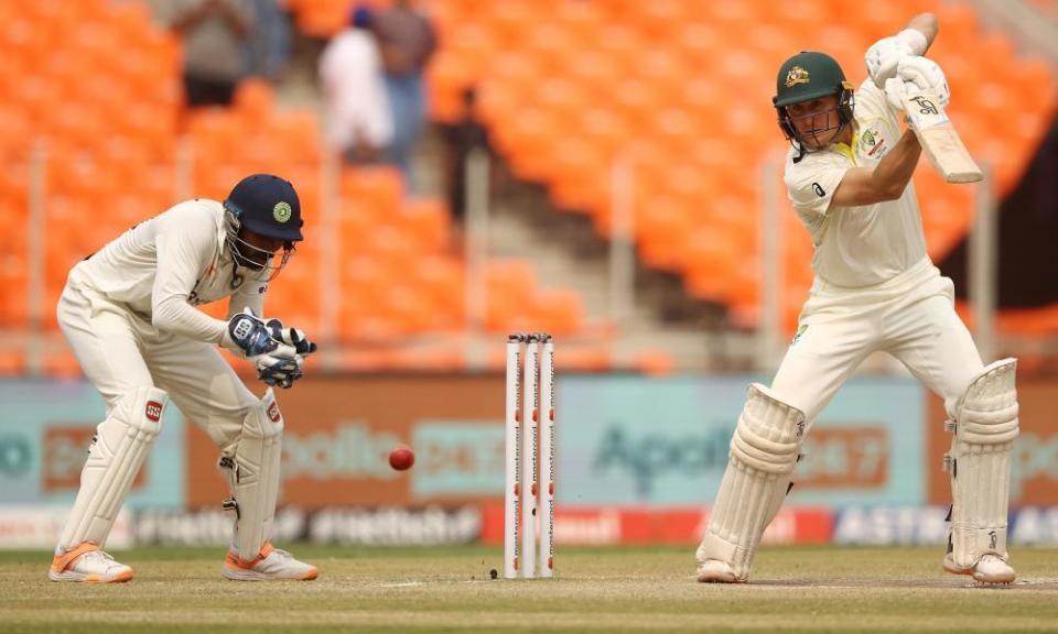 Marnus Labuschagne hits a shot for Australia against India