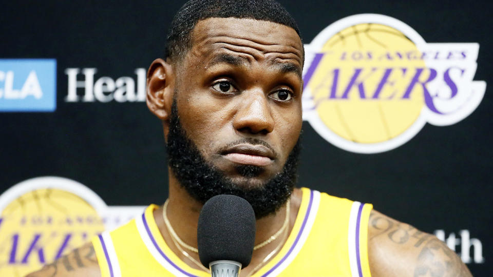 LeBron James, pictured here speaking to the media in Los Angeles.