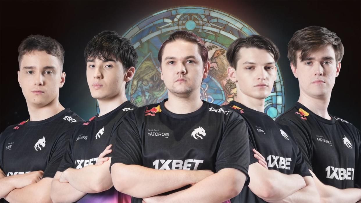 The International 2021 champions continued their perfect start in The International 2023 by getting their tenth-straight win in a 2-0 sweep over Shopify Rebellion in phase two of the Group Stage. Pictured (from left to right): Team Spirit Larl, Collapse, Yatoro, Mira, Miposhka. (Photos: Team Spirit, Valve Software)