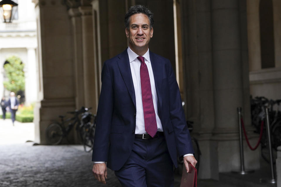 Britain's Energy Security and Net Zero Secretary Ed Miliband arrives in Downing Street, London, for a Cabinet meeting Tuesday July 9, 2024. (Lucy North/PA via AP)