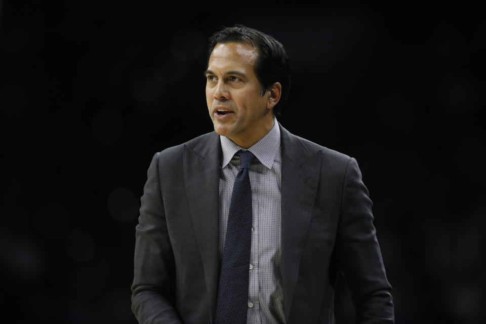 Miami Heat's Erik Spoelstra coaches during an NBA basketball game against the Philadelphia 76ers, Saturday, Nov. 23, 2019, in Philadelphia. (AP Photo/Matt Slocum)