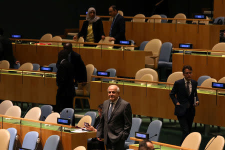 Palestinian Ambassador to the United Nations Riyad Mansour attends a United Nations General Assembly meeting ahead of a vote on a draft resolution that would deplore the use of excessive force by Israeli troops against Palestinian civilians at U.N. headquarters in New York, U.S., June 13, 2018. REUTERS/Mike Segar