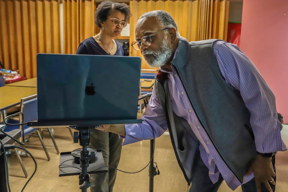 Gena Williams McClanahan, the minister of Christian education, and Bill Burke, director of Christian education, lead the survey of the Old Testament Bible study class on Tuesday, April 16, 2024, at the 108-year-old, Historic First Baptist Institutional Church in Detroit.