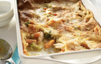 <p>Replace pie crust with a classic popover crust for a new take on a classic chicken pot pie. </p> <p><a href="https://www.thedailymeal.com/cook/upside-down-chicken-pie?referrer=yahoo&category=beauty_food&include_utm=1&utm_medium=referral&utm_source=yahoo&utm_campaign=feed" rel="nofollow noopener" target="_blank" data-ylk="slk:For the Upside-Down Chicken Pie recipe, click here;elm:context_link;itc:0;sec:content-canvas" class="link ">For the Upside-Down Chicken Pie recipe, click here</a>. </p>