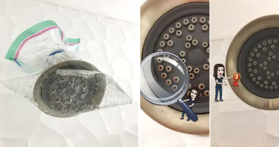 Three pictures of a showerhead being cleaned