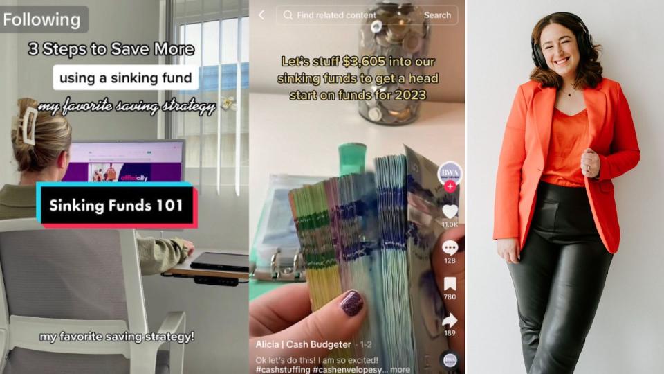 Compilation image of sinking funds, cash on TikTok account and Emma standing against a wall