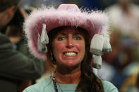 Leslie Jones of Virginia Beach, VA wears a hat with tea bags attached during the Republican National Convention at the Tampa Bay Times Forum on August 28, 2012 in Tampa, Florida. (Photo by Spencer Platt/Getty Images)