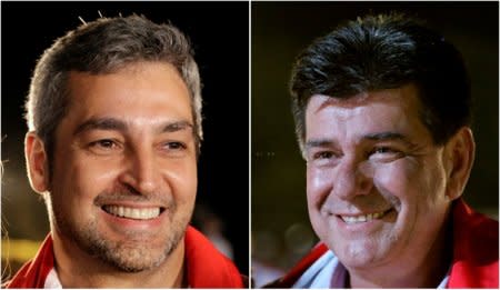 FILE PHOTO: Paraguayan presidential candidates Mario Abdo Benitez of Colorado Party (L) and Efrain Alegre of the GANAR coalition smile during campaign rallies on April 18, 2018 and April 19, 2018 respectively in this combination picture. REUTERS/Jorge Adorno/File photo