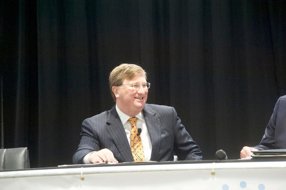 Gov. Tate Reeves addresses the Mississippi Economic Council at the Mississippi Trade Mart, Thursday, Jan. 4, 2023