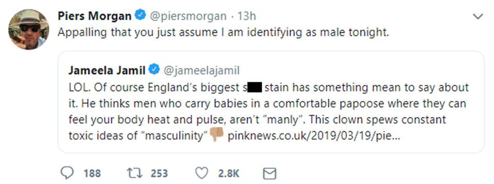 Mocking: Piers Morgan hit back at Jameela Jamil (Twitter/ Piers Morgan)