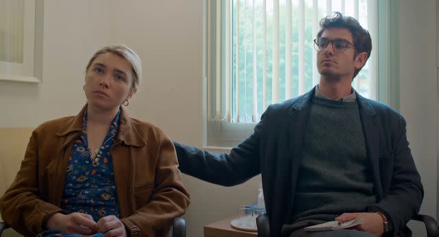 <p>A24/YouTube</p> Florence Pugh and Andrew Garfield in We Live in Time