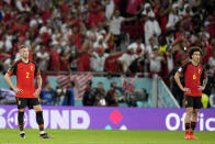 Belgium's Toby Alderweireld, left, and Belgium's Axel Witsel react after the World Cup group F soccer match between Belgium and Morocco, at the Al Thumama Stadium in Doha, Qatar, Sunday, Nov. 27, 2022. (AP Photo/Alessandra Tarantino)