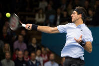 Tennis - Stockholm Open - Men Semi-Final - Royal Tennis Hall, Stockholm, Sweden - October 21, 2017. Juan Martin Del Potro of Argentina in action against Fernando Verdasco of Spain. TT News Agency/Henrik Montgomery/via REUTERS