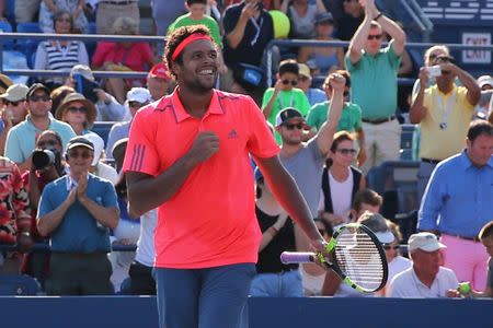 Sep 4, 2016; New York, NY, USA; Jo-Wilfried Tsonga of France celebrates after defeating Jack Sock of the United States (not pictured) on day seven of the 2016 U.S. Open tennis tournament at USTA Billie Jean King National Tennis Center. Mandatory Credit: Anthony Gruppuso-USA TODAY Sports