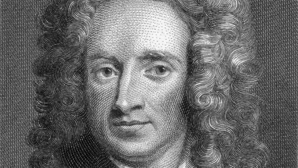 an engraved portrait of scientist sir isaac newton