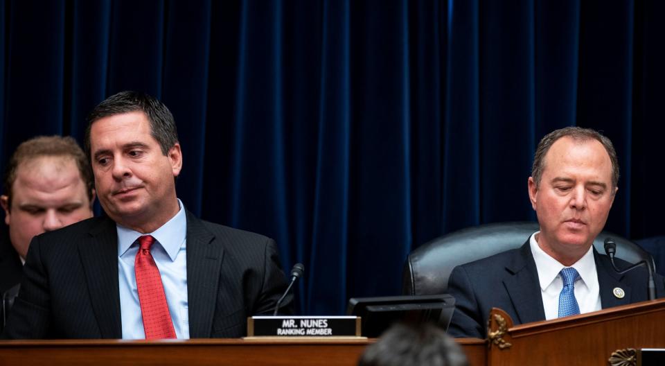 House Intelligence Committee Chairman Adam Schiff (D-Calif.) reacts after conferring with Ranking Member Devin Nunes (R-Calif.) as Joseph Maguire, the acting director of national intelligence, testifies Thursday. (Photo: Alexander Drago / Reuters)