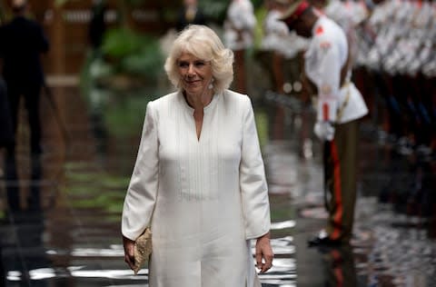 Camilla, Duchess of Cornwall, arrives ahead of Prince Charles and Cuba's President Miguel Diaz-Canel - Credit: AP