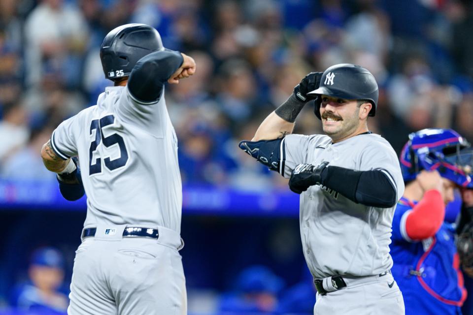 Austin Wells在9局上敲出關鍵2分砲，幫助洋基成功捕捉藍鳥。（MLB Photo by Julian Avram/Icon Sportswire via Getty Images）