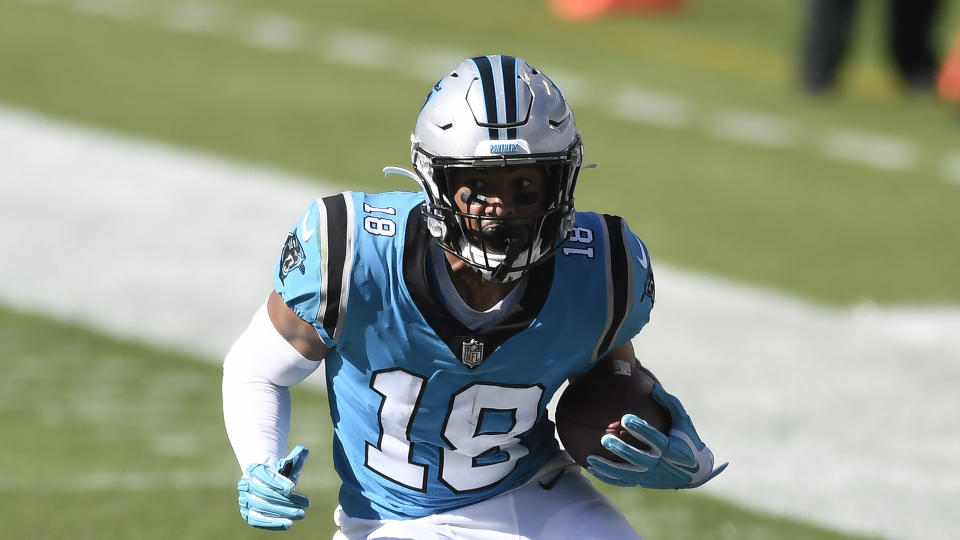 Carolina Panthers' Keith Kirkwood runs the ball during the second half of an NFL football game against the Chicago Bears in Charlotte, N.C., Sunday, Oct. 18, 2020. (AP Photo/Mike McCarn)